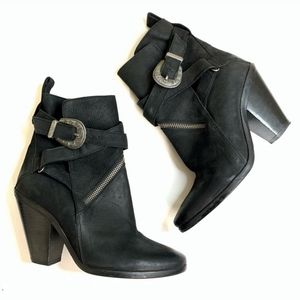 All Saints Black Leather Ankle Buckle Bootie 38